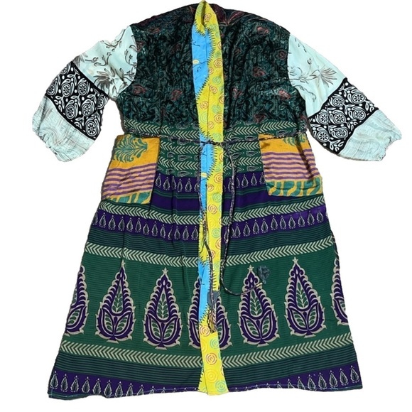 Guru For Life Upcycled Patchwork Mixed Floral Print 100% Silk Sari Kimono Boho - Picture 1 of 14